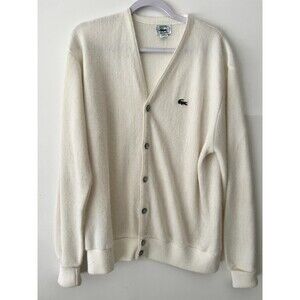 Vintage Izod Lacoste Cardigan Sweater Mens L White 80s Orlon Acrylic Granpacore